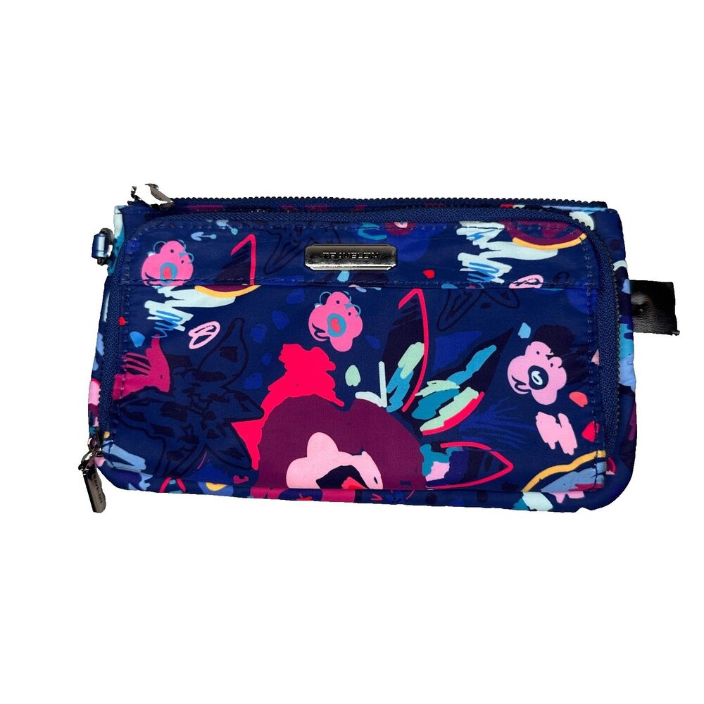 Travelon RFID Blocking Wallet Blue Floral Multicolor Double Zip Travel Organizer